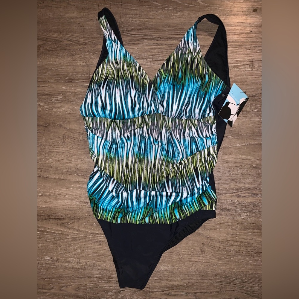 NWT 20W One Piece Swimsuit Black Teal Green Simply Swim Brand